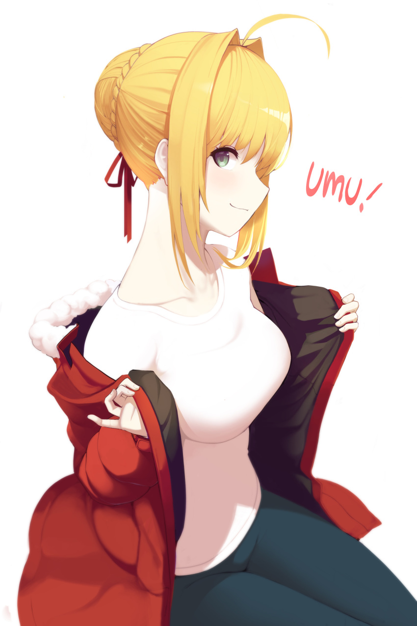 1girl absurdres ahoge amejaga blonde_hair braid breasts casual closed_mouth facing_away fate/extra fate_(series) from_side fur_trim green_eyes hair_bun hair_intakes highres jacket long_neck long_sleeves looking_at_viewer medium_breasts nero_claudius_(fate)_(all) open_clothes open_jacket profile short_hair simple_background sitting smile solo white_background
