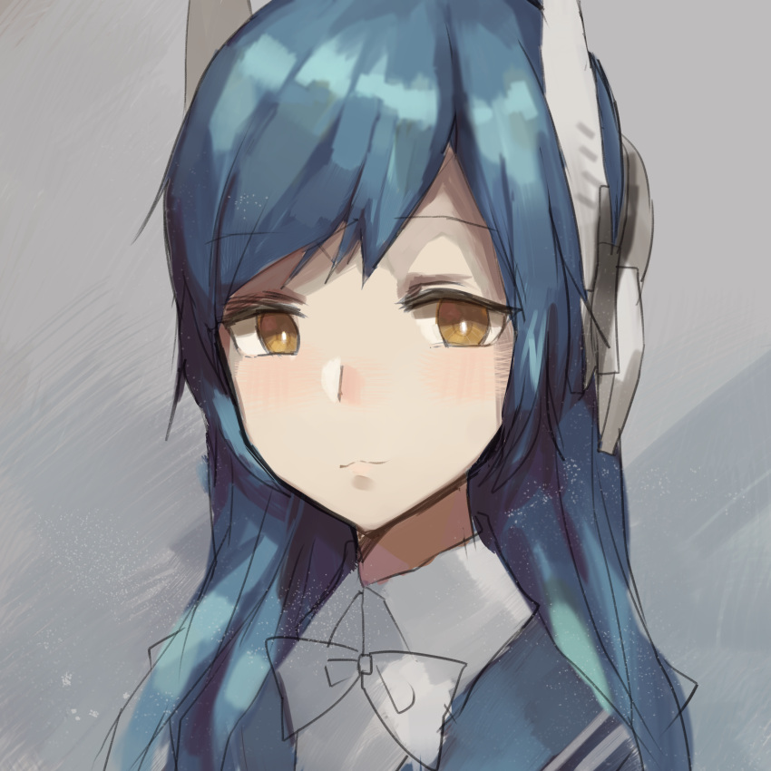 ajirui bangs blouse blue_hair blue_jacket blush bow closed_mouth collared_blouse eyebrows_visible_through_hair eyes_visible_through_hair girls_frontline grey_background headgear highres jacket long_hair looking_at_viewer neck_bow orange_eyes parted_bangs sidelocks signature smile tar-21_(girls_frontline) white_blouse