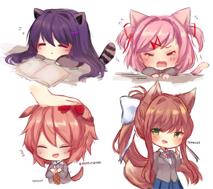 4girls :d absurdres animal_ears arm_up artist_name bangs blazer blue_eyes blue_skirt blush book bow breasts brown_hair cat_ears chibi closed_eyes closed_mouth collared_shirt commentary crying desk doki_doki_literature_club eyebrows_visible_through_hair finger_to_cheek finger_to_face flying_sweatdrops green_eyes grey_jacket hair_bow hair_ornament hairclip happy hashtag highres jacket long_hair long_sleeves looking_at_viewer medium_breasts monika_(doki_doki_literature_club) multiple_girls natsuki_(doki_doki_literature_club) neck_ribbon no_legs open_mouth parted_lips petting pink_eyes pink_hair pleated_skirt ponytail purple_hair red_bow red_neckwear red_ribbon ribbon sayori_(doki_doki_literature_club) school_desk school_uniform shirt short_hair sidelocks signature simple_background skirt sleeping smile tail tears temachii v_arms very_long_hair violet_eyes white_background white_bow white_shirt wing_collar yuri_(doki_doki_literature_club) zzz