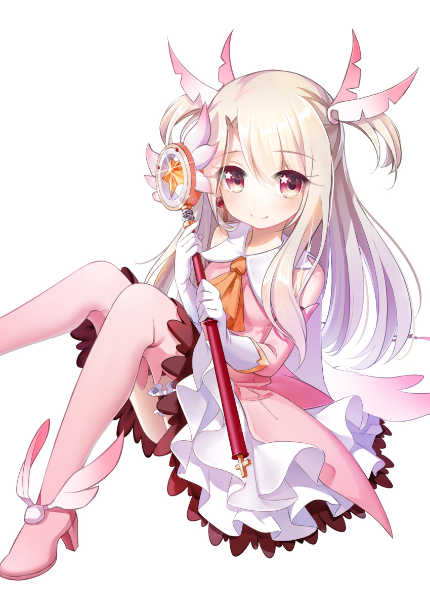+_+ 1girl absurdres artist_request bare_shoulders blush boots commentary_request elbow_gloves eyebrows_visible_through_hair fate/kaleid_liner_prisma_illya fate_(series) feathers gloves hair_feathers highres holding holding_wand illyasviel_von_einzbern kaleidostick knees_together_feet_apart knees_up looking_at_viewer magical_girl magical_ruby pink_footwear pink_legwear prisma_illya red_eyes sitting smile star thigh-highs thigh_boots two_side_up wand white_background white_gloves white_hair