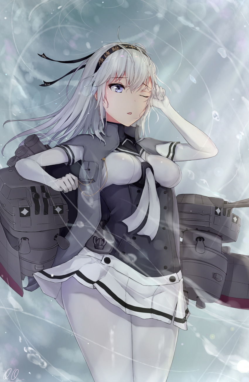 1girl bodysuit boots breasts chou-10cm-hou-chan clothes_writing cowboy_shot eyebrows_visible_through_hair gloves grey_eyes hair_between_eyes hand_in_hair headband high_heel_boots high_heels highres kantai_collection knee_boots long_hair looking_away miniskirt neckerchief one_eye_closed one_side_up open_mouth pantyhose pleated_skirt sailor_collar school_uniform sherryqq signature silver_hair skirt suzutsuki_(kantai_collection) water_drop white_bodysuit white_gloves white_legwear wind