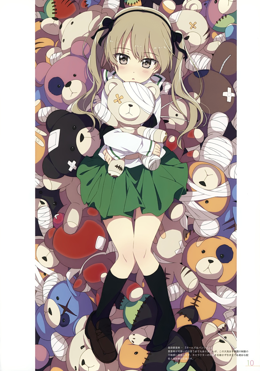 1girl absurdres bandage bandaid bangs black_legwear black_neckwear black_ribbon blouse boko_(girls_und_panzer) brown_eyes brown_footwear cast eyebrows_visible_through_hair eyepatch full_body girls_und_panzer green_skirt hair_ribbon highres holding holding_stuffed_animal light_brown_hair loafers long_hair long_sleeves looking_at_viewer lying miniskirt neckerchief ogipote on_back ooarai_school_uniform parted_lips pleated_skirt ribbon school_uniform serafuku shimada_arisu shoes side_ponytail skirt socks solo stuffed_animal stuffed_toy teddy_bear translation_request white_blouse