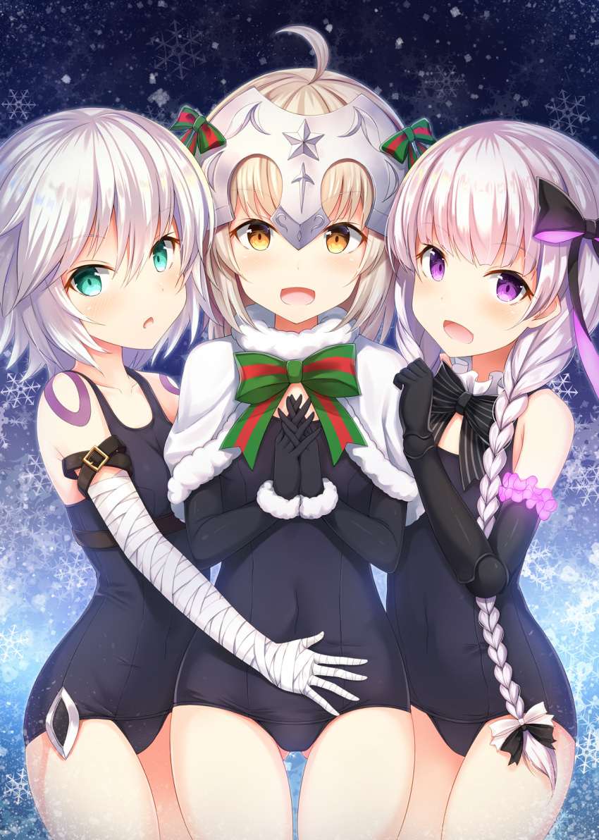 3girls ahoge black_gloves bow braid covered_navel cowboy_shot fate/grand_order fate_(series) fur_trim gloves green_ribbon hair_bow headpiece highres jack_the_ripper_(fate/apocrypha) jeanne_d'arc_(fate)_(all) jeanne_d'arc_alter_santa_lily long_hair looking_at_viewer multiple_girls nursery_rhyme_(fate/extra) one-piece_swimsuit open_mouth ribbon scar school_swimsuit short_hair silver_hair smile striped striped_ribbon sunsuke swimsuit twin_braids yellow_eyes