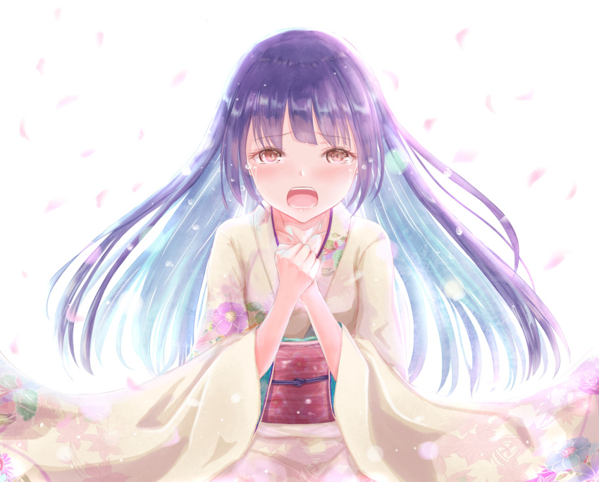1girl bangs blush brown_eyes character_request collarbone commentary_request crying crying_with_eyes_open eyebrows_visible_through_hair fate/kaleid_liner_prisma_illya fate_(series) floral_print highres japanese_clothes kimono kinom_(sculpturesky) long_hair long_sleeves looking_at_viewer obi open_mouth own_hands_together petals print_kimono sash solo tears very_long_hair violet_eyes white_background wide_sleeves yellow_kimono