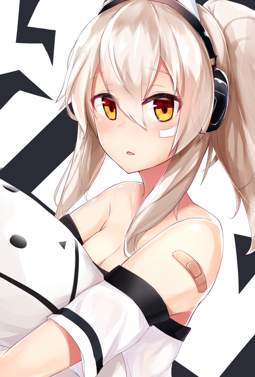 1girl absurdres ayanami_(azur_lane) azur_lane bandaid_on_arm bangs bare_shoulders blush breasts cleavage collarbone commentary_request eyebrows_visible_through_hair hair_between_eyes headphones high_ponytail highres light_brown_hair long_hair looking_at_viewer medium_breasts nanakaku object_hug off-shoulder_shirt parted_lips ponytail red_eyes shirt sidelocks solo stuffed_toy white_background white_shirt