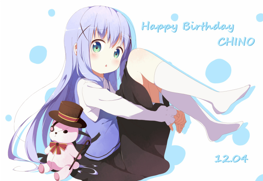 1girl cane chestnut_mouth commentary dated from_side gochuumon_wa_usagi_desu_ka? green_eyes hair_ornament happy_birthday kafuu_chino kneehighs leg_hug looking_at_viewer no_shoes purple_hair sitting solo stuffed_animal stuffed_bunny stuffed_toy toma_(shinozaki) white_legwear x_hair_ornament