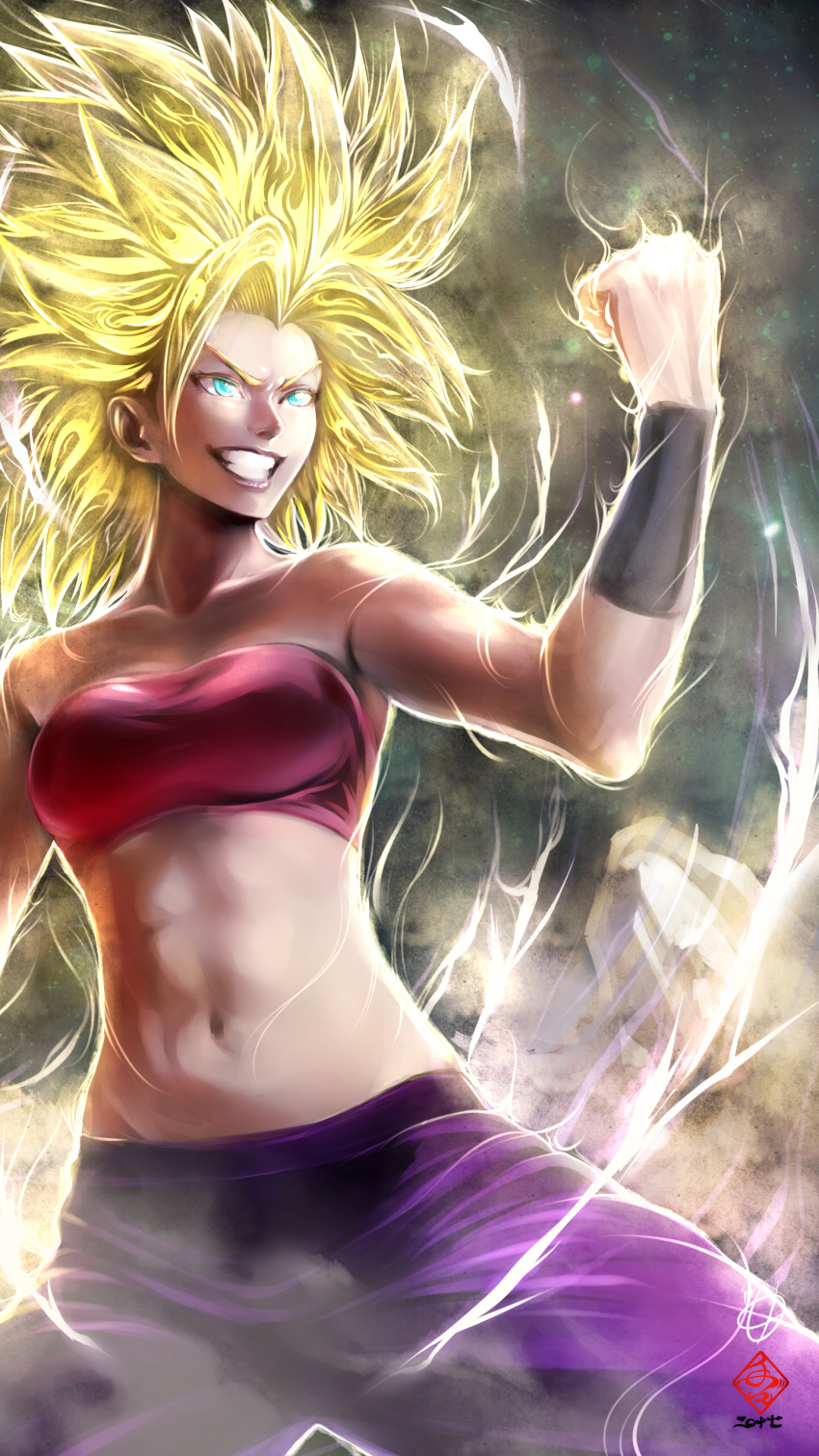 1girl abs absurdres aura blue_eyes caulifla dragon_ball dragon_ball_super glowing glowing_hair highres navel smile solo spiky_hair stomach strapless super_saiyan teeth tete_(amakuchichiyoko) tubetop wristband