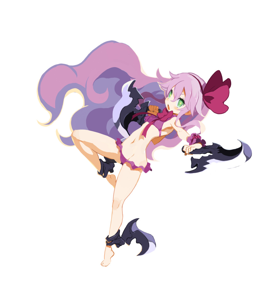 1girl absurdres anklet barefoot bikini blade bow bright_pupils dual_wielding eyebrows_visible_through_hair floating_hair full_body green_eyes groin hairband harada_takehito highres holding holding_weapon jewelry lowleg lowleg_bikini navel official_art open_mouth outstretched_arm pink_hair purple_bikini refrain_no_chika_meikyuu_to_majo_no_ryodan sidelocks simple_background swimsuit weapon white_background wrist_cuffs