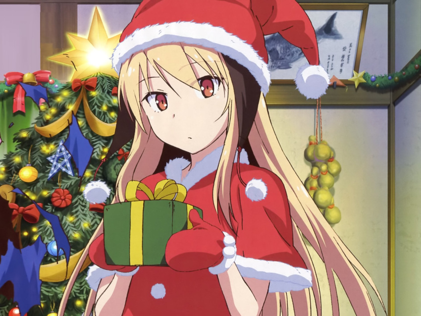 10s 1girl ascii_media_works blonde_hair christmas christmas_tree expressionless gift gloves holding j.c._staff kuudere long_hair looking_at_viewer orange_eyes present ribbon sakura-sou_no_pet_na_kanojo santa_costume santa_hat shiina_mashiro solo star