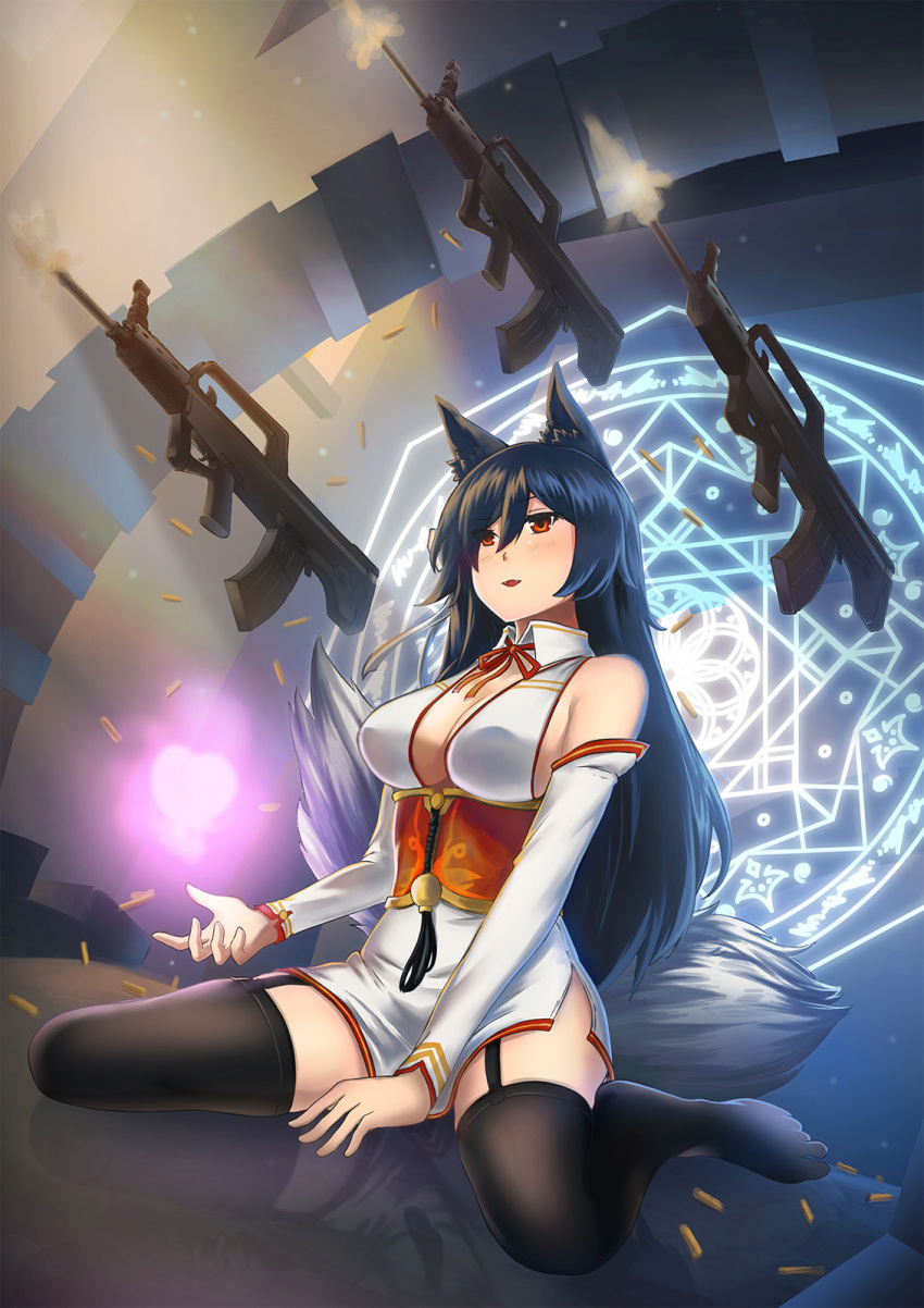ahri animal_ears assault_rifle atago_(azur_lane) atago_(azur_lane)_(cosplay) azur_lane bare_shoulders black_hair black_legwear breasts bullpup cleavage cosplay detached_sleeves energy_ball fangs fox_ears fox_tail gun heart highres large_breasts league_of_legends long_hair miniskirt multiple_tails open_mouth persocon93 qbz-95 rifle skirt slit_pupils tail thigh-highs weapon yellow_eyes