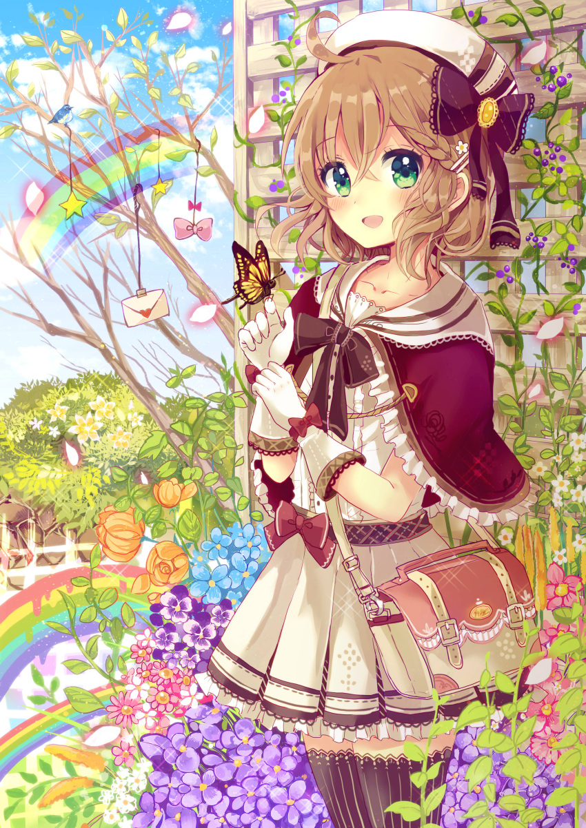1girl :d absurdres ahoge animal bag bangs bare_tree beret bird black_bow black_legwear black_ribbon blue_flower blue_sky blush bow brown_hair butterfly capelet center_frills clouds collarbone commentary_request day eyebrows_visible_through_hair flower frilled_capelet frills gloves green_eyes hair_between_eyes hair_bow hat heart highres letter looking_at_viewer love_letter melting on_finger open_mouth orange_flower original outdoors pink_bow pink_flower pleated_skirt purple_capelet purple_flower rainbow revision ribbon sakura_oriko shirt shoulder_bag skirt sky smile solo star thigh-highs tree white_flower white_gloves white_hat white_shirt white_skirt