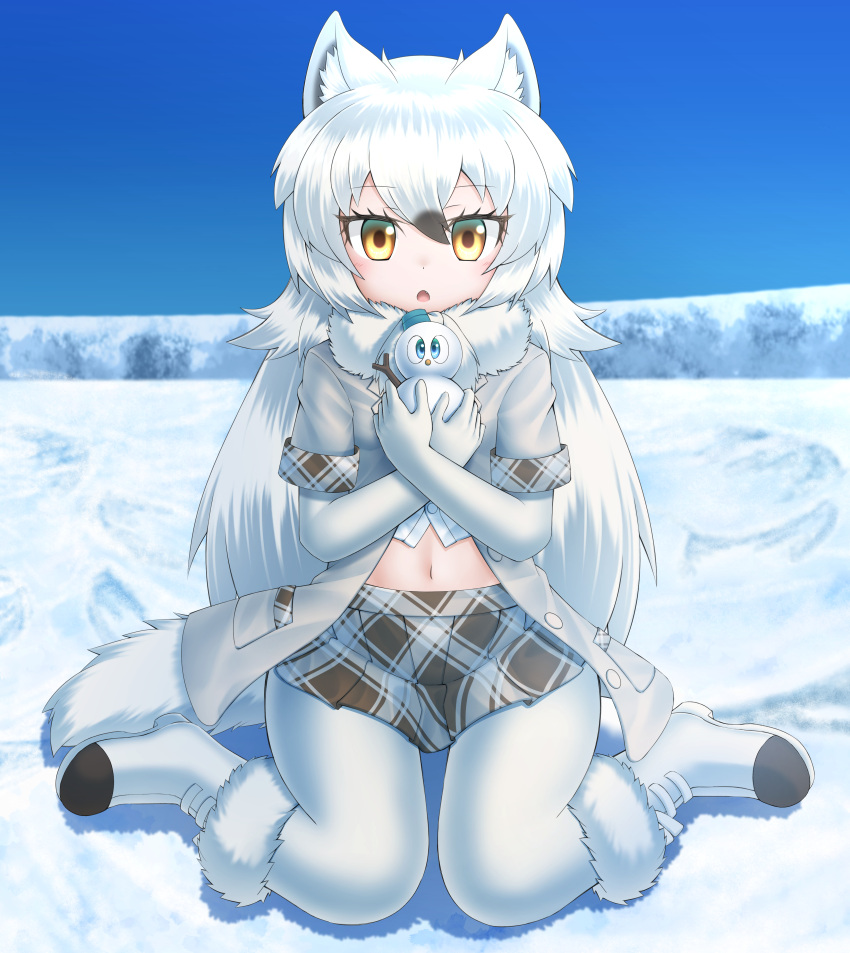 1girl :o absurdres animal_ears arctic_wolf_(kemono_friends) blue_sky boots coat commentary_request crossed_arms day fang full_body fur-trimmed_boots fur_collar fur_trim hair_between_eyes highres holding kakutasu_(akihiron_cactus) kemono_friends long_hair looking_at_viewer midriff navel outdoors pantyhose plaid plaid_skirt plaid_trim sitting skirt sky snow snowman solo wariza white_coat white_hair white_legwear wolf_ears yellow_eyes