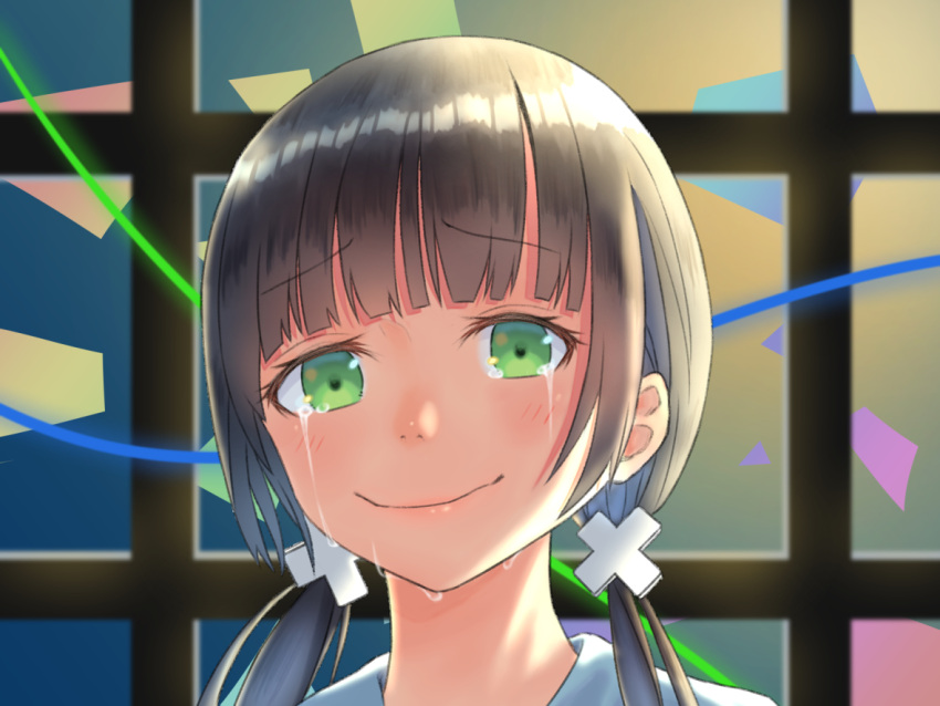 1girl aur0ra crying green_eyes hair_ornament hishiro_chizuru looking_at_viewer relife smile solo tears twintails x_hair_ornament