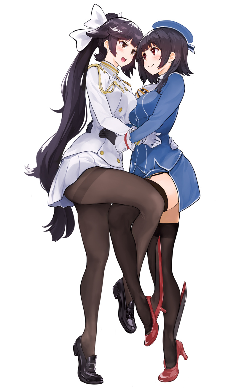 2girls amami_amayu asymmetrical_docking azur_lane black_gloves black_legwear blush bow breast_press breasts brown_eyes brown_legwear closed_mouth commentary_request crossover eye_contact full_body garter_straps gloves hair_bow hat high_heels highres kantai_collection large_breasts leg_up loafers long_hair long_sleeves looking_at_another miniskirt multiple_girls namesake pantyhose pleated_skirt ponytail red_eyes selfcest shoes short_hair side_slit simple_background skirt smile standing standing_on_one_leg takao_(azur_lane) takao_(kantai_collection) thigh-highs thighband_pantyhose very_long_hair white_background white_gloves yuri
