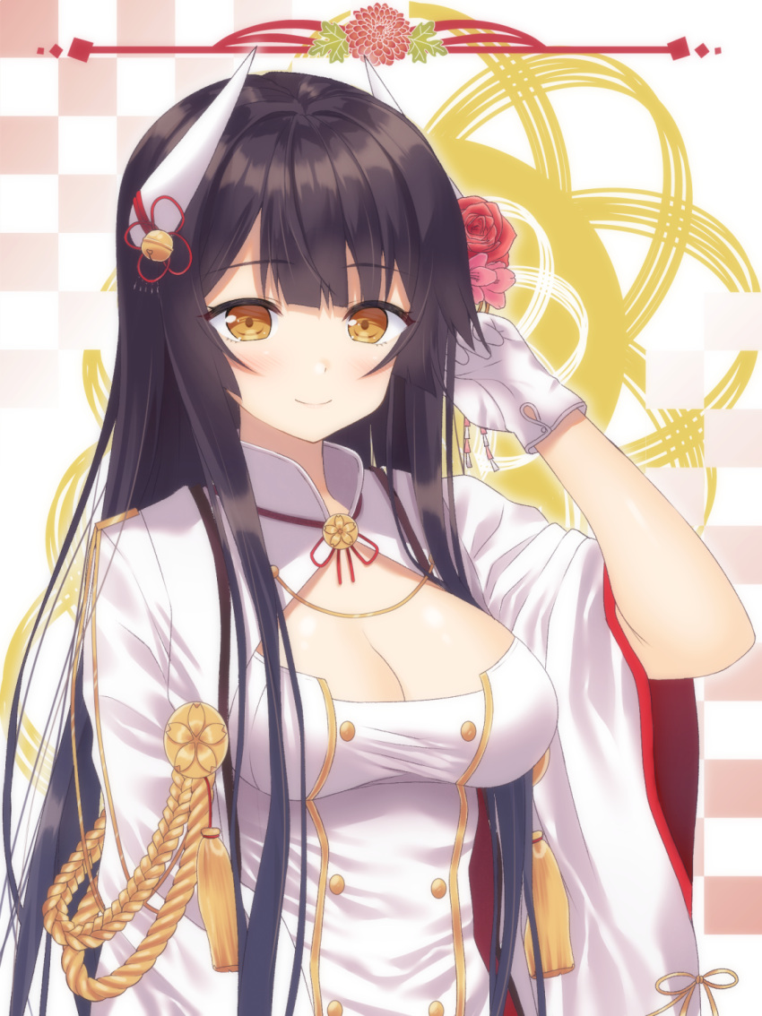 1girl adjusting_hair arm_at_side azur_lane bangs bell black_hair blunt_bangs blush breasts cleavage cleavage_cutout closed_mouth double-breasted eyebrows_visible_through_hair flower gloves hair_bell hair_flower hair_ornament hand_in_hair hand_up hiei_(azur_lane) highres horns jingle_bell kisshii_(kic1224) long_hair long_sleeves looking_at_viewer medium_breasts military military_uniform multicolored multicolored_background red_rose rose smile solo tareme tassel uniform upper_body very_long_hair white_gloves wide_sleeves yellow_eyes