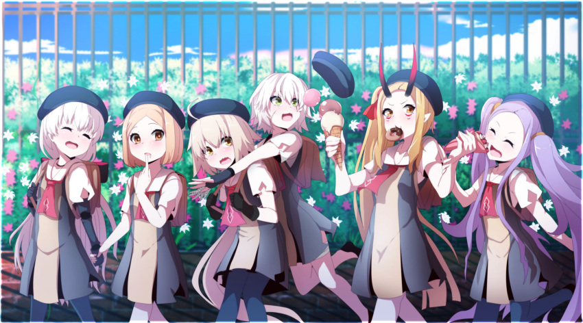 6+girls absurdres bag bandage bandaged_hands blonde_hair brick closed_eyes crepe doll_joints doughnut drooling fate/apocrypha fate/extra fate/grand_order fate_(series) fence finger_to_mouth flower food gloves green_eyes hair_ribbon hairband hand_holding hedge highres horns ibaraki_douji_(fate/grand_order) ice_cream jack_the_ripper_(fate/apocrypha) jeanne_d'arc_(fate)_(all) jeanne_d'arc_alter_santa_lily jumping long_hair looking_back multiple_girls neckerchief nursery_rhyme_(fate/extra) orange_eyes paul_bunyan_(fate/grand_order) platinum_blonde pointy_ears purple_hair ribbon scar school_bag school_uniform smile tagme thigh-highs twintails very_long_hair wadakazu wavy_mouth white_hair wu_zetian_(fate/grand_order) yellow_eyes
