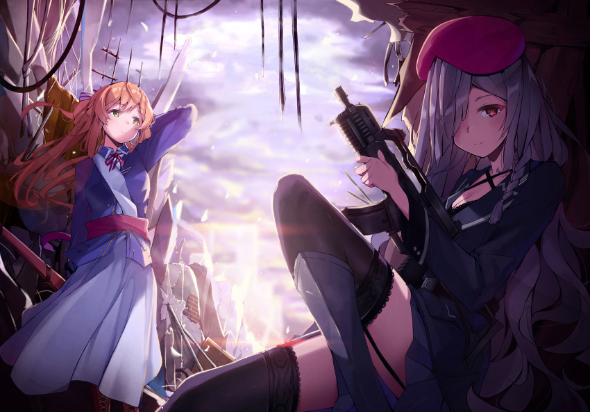 arm_behind_back belt beret blue_jacket blue_ribbon blush bolt_action boots braid breasts broken_glass brown_footwear brown_hair cleavage closed_mouth clouds collarbone cross-laced_footwear full_body g36c g36c_(girls_frontline) garter_straps girls_frontline glass gloves green_eyes gun hair_bun hair_over_one_eye hand_behind_head hands_together hat highres holding holding_gun holding_weapon jacket knee_boots lace-up_boots large_breasts long_hair long_skirt looking_afar looking_at_viewer m1903_springfield m1903_springfield_(girls_frontline) military military_uniform one_leg_raised pot-palm red_eyes ribbon rifle ruins silver_hair sitting skirt smile thigh-highs tied_hair uniform very_long_hair walking weapon white_gloves white_skirt