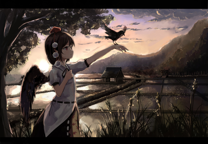 1girl bird black_hair black_skirt black_wings blouse clouds crow dusk expressionless feathered_wings from_side hand_up hat highres house looking_up nature outdoors outstretched_arm pointy_ears pom_pom_(clothes) rice_paddy shameimaru_aya skirt solo tokin_hat torii touhou tree white_blouse wings yukitourou