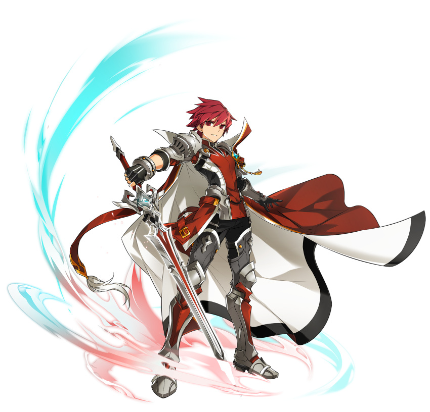 1boy armor artist_request black_gloves black_pants boots brooch cape elsword elsword_(character) fingerless_gloves full_body gloves highres holding holding_sword holding_weapon jewelry knight_emperor_(elsword) looking_at_viewer male_focus metal_boots pants popped_collar red_eyes redhead smile solo standing sword tassel thigh-highs thigh_boots transparent_background weapon