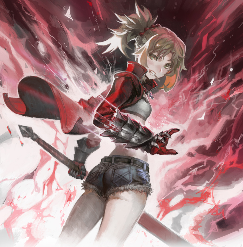 1girl ass bandeau blonde_hair braid clarent cowboy_shot cutoffs denim denim_shorts dutch_angle fate/apocrypha fate_(series) french_braid from_behind gauntlets green_eyes hair_ornament hair_scrunchie jacket jewelry long_hair looking_at_viewer looking_back mordred_(fate) mordred_(fate)_(all) mouth_hold necklace parted_lips scrunchie shorts smile solo standing teeth visqi
