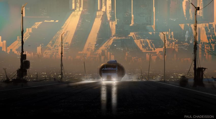 absurdres billboard blade_runner blade_runner:_black_out_2022 building cable cityscape commentary cyberpunk dirty dust geisha ground_vehicle highres lamppost landscape lights motor_vehicle official_art official_style paooo post production_art realistic road science_fiction signature smoke truck when_you_see_it