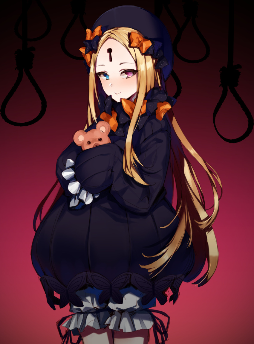 1girl abigail_williams_(fate/grand_order) absurdres black_bow black_dress black_hat blonde_hair bloomers blue_eyes bow dress facial_mark fate/grand_order fate_(series) forehead_mark hair_bow hands_in_sleeves hat heterochromia highres holding holding_stuffed_animal iiiroha keyhole long_hair long_sleeves looking_at_viewer noose orange_bow smile solo striped stuffed_animal stuffed_toy teddy_bear underwear vertical-striped_dress vertical_stripes very_long_hair violet_eyes