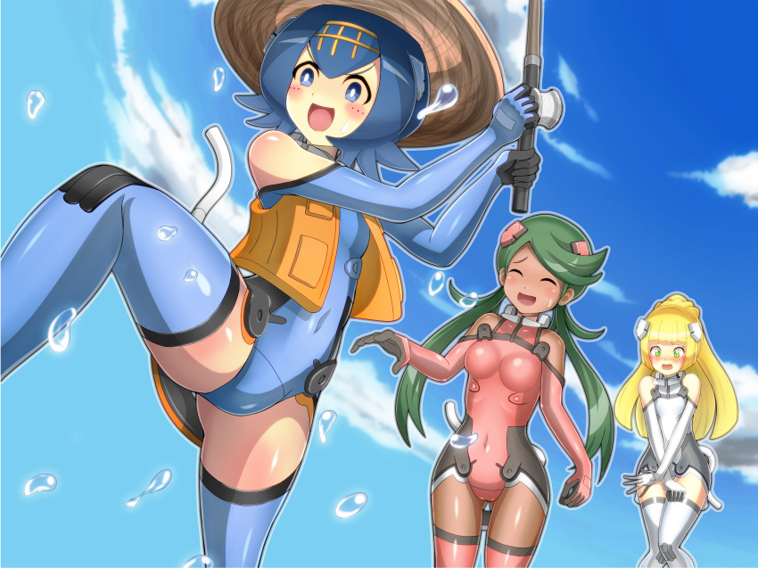 &gt;:d 3girls :d ^_^ ^o^ absurdres bare_shoulders blonde_hair blue_eyes blue_hair blush bodysuit breasts closed_eyes clouds covered_navel covering covering_crotch dark_skin day embarrassed fishing fishing_rod green_eyes green_hair hat highres lillie_(pokemon) mallow_(pokemon) multiple_girls off_shoulder open_mouth outdoors pokemon pokemon_(anime) pokemon_sm_(anime) ponytail short_hair short_twintails shoukin500 sky_girls smile straw_hat suiren_(pokemon) sweatdrop thigh-highs twintails