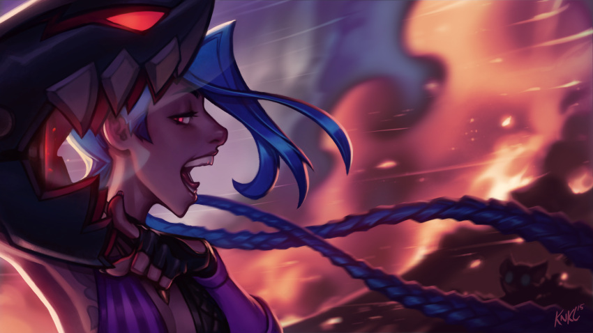 1girl artist_name bikini_top blue_hair braid bullet dated fingerless_gloves fire flat_chest gloves highres jinx_(league_of_legends) kienan_lafferty league_of_legends long_hair open_mouth pink_eyes rocket_launcher solo teeth tongue twin_braids very_long_hair weapon