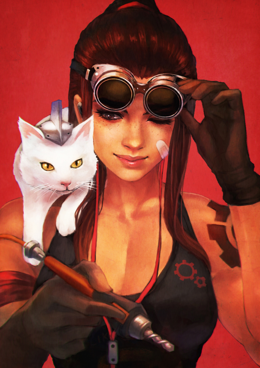 1girl absurdres arm_tattoo armband breasts brigitte_(overwatch) brown_hair casual cat cleavage earphones freckles gloves goggles goggles_on_head highres monori_rogue overwatch ponytail red_background sleeveless smile solo tattoo torn_clothes torn_sleeves upper_body