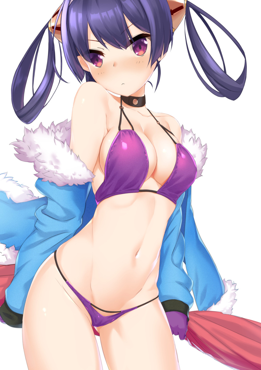 1girl azur_lane bangs behind_back bikini blue_coat breasts cleavage closed_mouth coat collar collarbone cowboy_shot dobunezumi fur_trim gloves gluteal_fold groin hair_rings hairpods highres long_hair long_sleeves looking_at_viewer medium_breasts navel ning_hai_(azur_lane) off_shoulder open_clothes open_coat purple_bikini purple_gloves red_eyes simple_background solo standing stomach swimsuit thighs v-shaped_eyebrows white_background