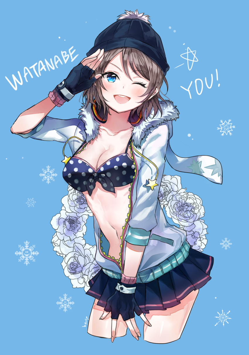 1girl absurdres beanie bikini blue_eyes blush breasts brown_hair character_name cleavage eyebrows_visible_through_hair fingerless_gloves flower gloves hat highres hyugo looking_at_viewer love_live! love_live!_school_idol_festival love_live!_sunshine!! medium_breasts one_eye_closed open_mouth polka_dot polka_dot_bikini rose salute short_hair smile solo star swimsuit watanabe_you