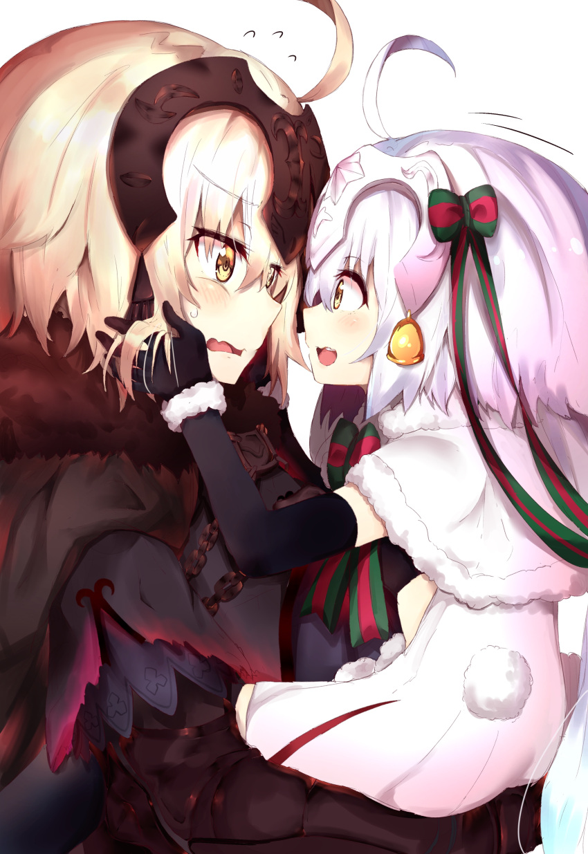 2girls absurdres age_difference ahoge black_gloves black_legwear blonde_hair blush capelet elbow_gloves fate/grand_order fate_(series) fur_trim gloves green_ribbon hands_on_another's_face headpiece highres jeanne_d'arc_(alter)_(fate) jeanne_d'arc_(fate)_(all) jeanne_d'arc_alter_santa_lily long_hair looking_at_another multiple_girls open_mouth ranf ribbon short_hair striped striped_ribbon sweatdrop