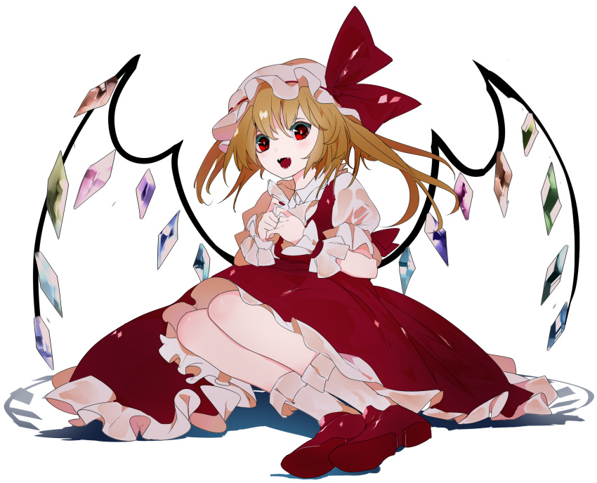 1girl blonde_hair bow commentary_request dress fangs flandre_scarlet hat hat_bow highres ikurauni looking_at_viewer mob_cap open_mouth petticoat puffy_short_sleeves puffy_sleeves red_bow red_dress red_eyes red_footwear short_sleeves side_ponytail sitting smile socks solo touhou white_legwear wings wrist_cuffs