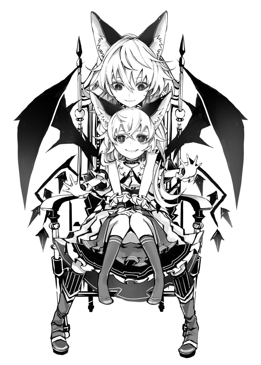 2girls absurdres animal_ears bat_wings boots chair choker closed_mouth commentary_request fang_out flandre_scarlet greyscale hair_between_eyes highres kemonomimi_mode knees_together_feet_apart looking_down miniskirt monochrome multiple_girls no_shoes remilia_scarlet short_sleeves siblings simple_background sisters sitting skirt striped striped_legwear touhou white_background wings wrist_cuffs yutapon