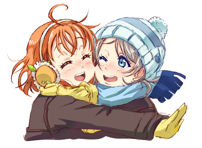 2girls ;d ^_^ ahoge bangs beanie blue_eyes blue_hat blue_scarf cheek-to-cheek closed_eyes coat earmuffs gloves grey_hair hat highres hug love_live! love_live!_sunshine!! multiple_girls one_eye_closed open_mouth orange_hair pom_pom_(clothes) rippe scarf short_hair simple_background smile takami_chika upper_body watanabe_you white_background winter_clothes yellow_gloves yellow_scarf