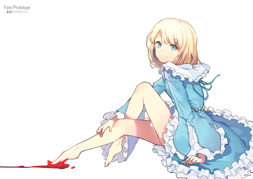 1girl artist_name bangs bare_legs barefoot blonde_hair blood_on_feet blood_trail blue_dress blue_eyes closed_mouth collar copyright_name dress english eyebrows_visible_through_hair fate/prototype fate_(series) flower frilled_collar frilled_dress frilled_sleeves frills from_side hand_on_own_leg jehyun knee_up legs_crossed light_smile long_sleeves looking_at_viewer looking_to_the_side medium_hair ribbon sajou_manaka simple_background sitting solo star swept_bangs toe-point white_background wide_sleeves