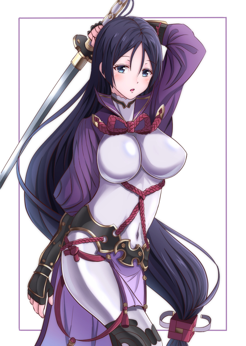 1girl black_gloves black_hair blue_eyes breasts breasts_apart covered_navel fate/grand_order fate_(series) fingerless_gloves furan_(pixiv20237436) gloves hair_between_eyes highres holding holding_sword holding_weapon large_breasts long_hair low-tied_long_hair minamoto_no_raikou_(fate/grand_order) open_mouth solo standing sword very_long_hair weapon white_background