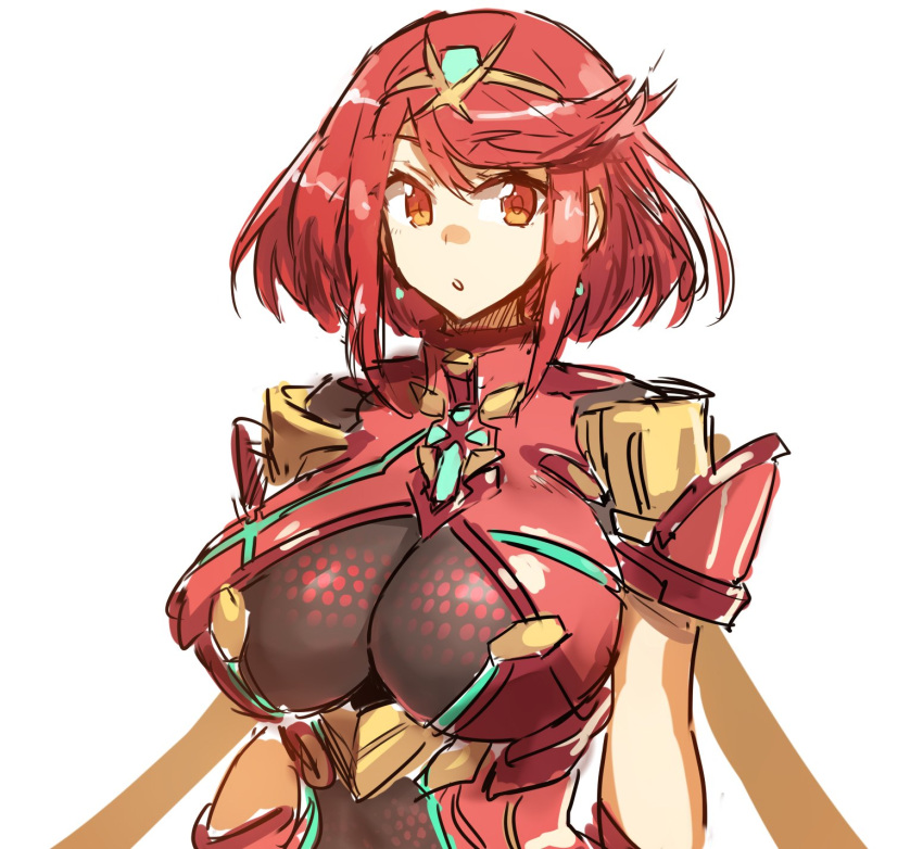 1girl blush breasts hair_ornament highres pyra_(xenoblade) jewelry large_breasts looking_at_viewer melon22 red_eyes redhead short_hair simple_background solo tiara white_background xenoblade xenoblade_2