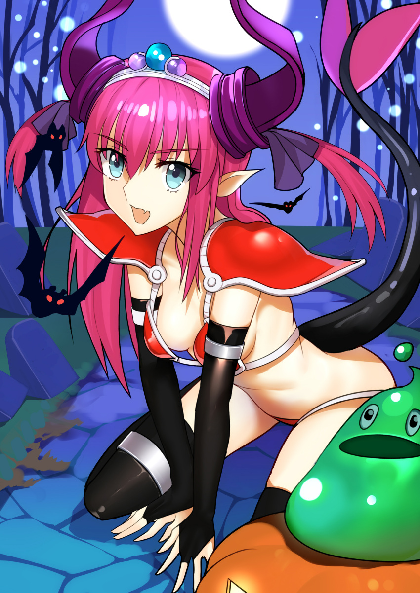 1girl absurdres animal arm_support armor bangs bare_tree bat besmiled bikini bikini_armor black_legwear blue_eyes breasts bridal_gauntlets commentary_request curled_horns dragon_horns dragon_tail elizabeth_bathory_(brave)_(fate) elizabeth_bathory_(fate)_(all) eyebrows_visible_through_hair fate/grand_order fate_(series) full_moon hair_between_eyes hair_ribbon halloween highres horns jack-o'-lantern kneeling long_hair looking_away moon navel night night_sky outdoors oversized_clothes pauldrons pink_hair pointy_ears purple_ribbon red_bikini ribbon sky slime small_breasts solo string_bikini swimsuit tail thigh-highs tiara tombstone tree two_side_up v_arms