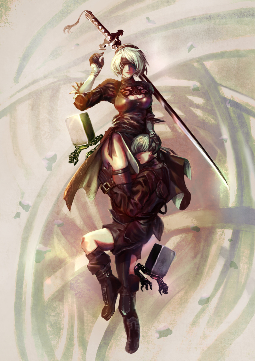 1boy 1girl absurdres black_dress black_footwear black_shirt black_shorts blindfold boots breasts breasts_apart commentary crying dress facing_viewer full_body hairband hand_on_another's_head highres hug large_breasts long_sleeves nier_(series) nier_automata parted_lips pelvic_curtain pod_(nier_automata) shirt short_hair shorts sword thigh-highs thigh_boots weapon white_hair yan_mei yorha_no._2_type_b yorha_no._9_type_s