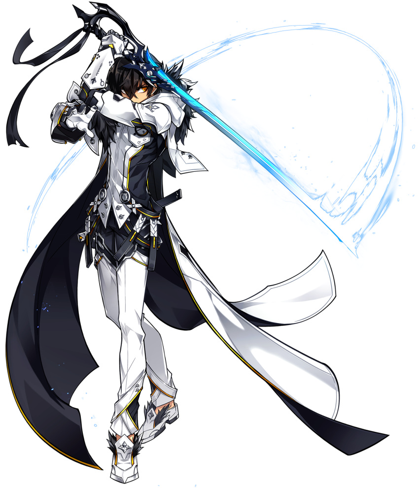 1boy armor artist_request black_hair buckle elsword full_body fur_trim furious_blade_(elsword) gloves highres holding holding_sword holding_weapon looking_at_viewer male_focus official_art pants raven_(elsword) shoes solo standing sword transparent_background weapon white_coat white_footwear white_pants yellow_eyes