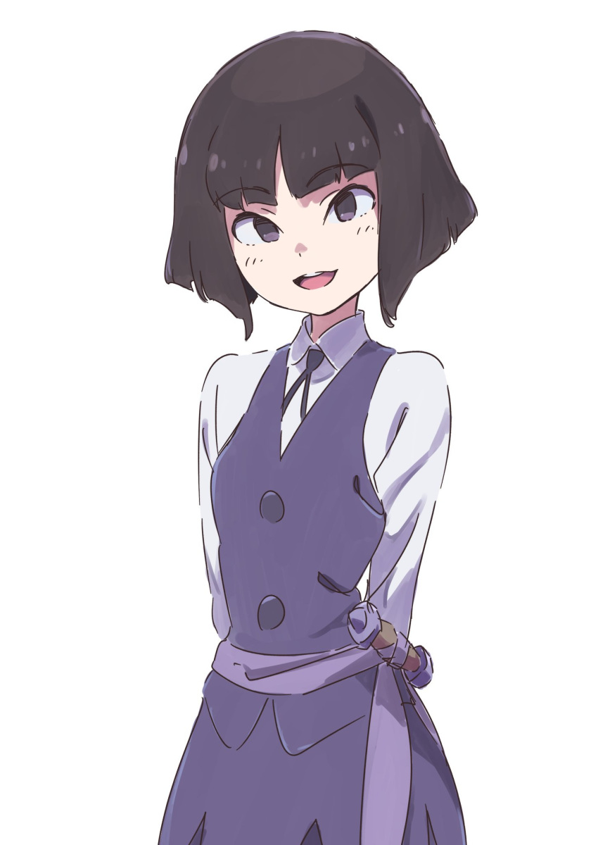 1girl :d arms_behind_back black_hair blue_skirt blue_vest character_request collared_shirt cowboy_shot eyebrows_visible_through_hair highres little_witch_academia long_sleeves looking_at_viewer luna_nova_school_uniform open_mouth shirt short_hair simple_background skirt smile solo standing tama vest violet_eyes wand white_background white_shirt wing_collar