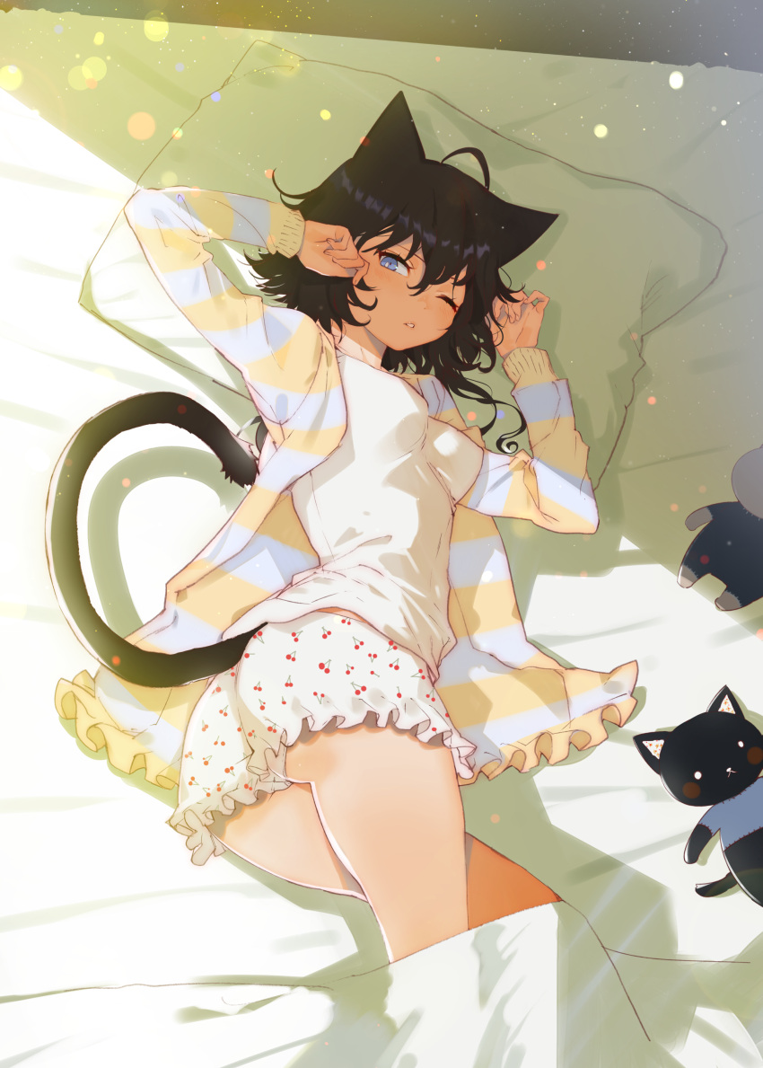 1girl ;o absurdres ahoge animal_ears arm_up aruterra ass bangs bed bed_sheet black_hair blanket bloomers blue_eyes blush breasts cat_ears cat_girl cat_tail cherry_print colored_stripes commentary_request food_print frills hair_between_eyes hand_up highlights highres jacket long_hair long_sleeves looking_at_viewer lying medium_breasts multicolored_hair on_bed on_side one_eye_closed open_clothes open_jacket open_shirt original panties parted_lips pillow revision shirt solo striped striped_jacket striped_shirt stuffed_animal stuffed_cat stuffed_toy tail thighs twisted_torso underwear waking_up white_panties white_shirt