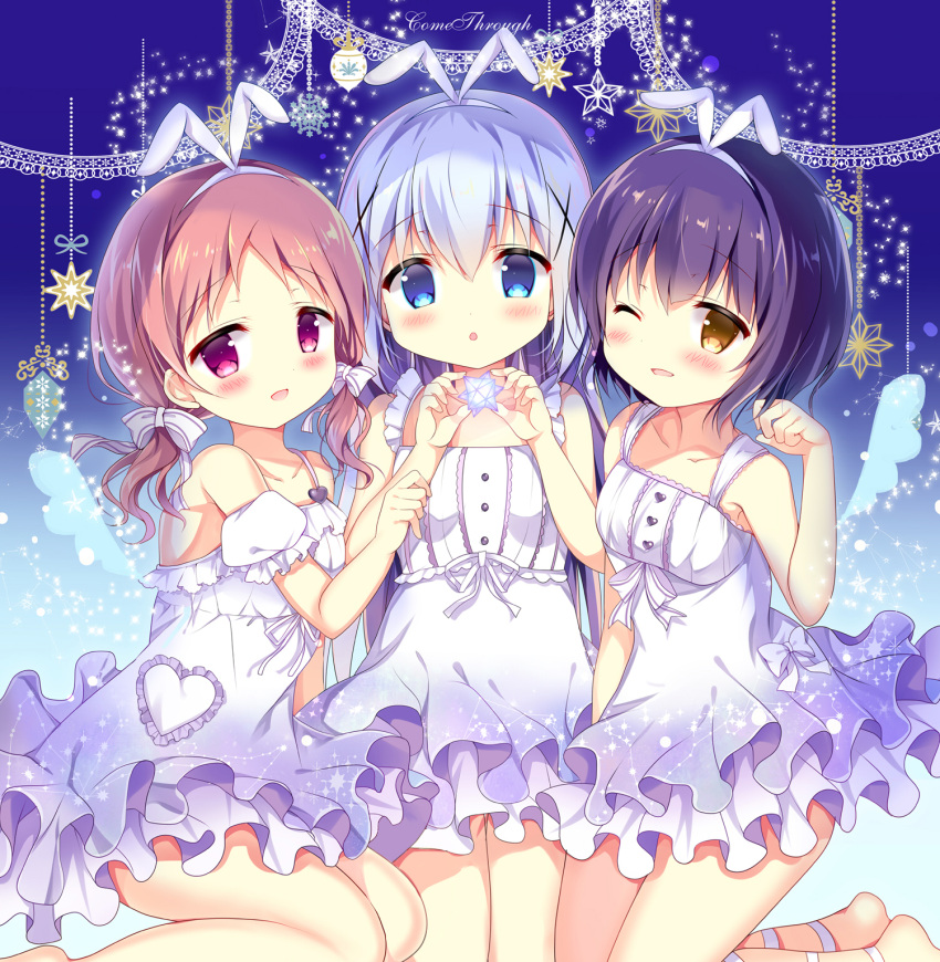 3girls :o animal_ears azumi_kazuki bangs blue_eyes blue_hair blue_wings blush bow collarbone commentary_request dress eyebrows_visible_through_hair fingernails girl_sandwich gochuumon_wa_usagi_desu_ka? hair_between_eyes hair_bow hair_ornament hairband hand_up hands_up heart highres jouga_maya kafuu_chino kneeling leg_ribbon long_hair looking_at_viewer low_twintails multiple_girls natsu_megumi one_eye_closed parted_lips rabbit_ears redhead ribbon sandwiched short_hair sleeveless sleeveless_dress smile snowflakes star twintails very_long_hair violet_eyes white_bow white_dress white_hairband white_ribbon wings x_hair_ornament yellow_eyes