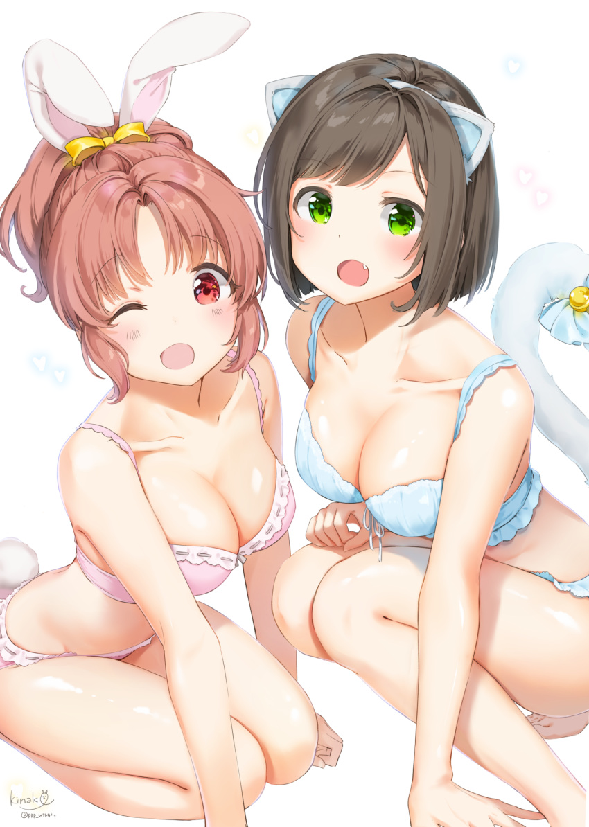 2girls :d ;d abe_nana animal_ears arm_support bangs bare_arms bare_shoulders barefoot blue_bra blue_panties blue_ribbon blush bra breasts bunny_tail cat_ears cat_tail collarbone eyebrows_visible_through_hair fang green_eyes highres idolmaster idolmaster_cinderella_girls leaning_forward looking_at_viewer maekawa_miku multiple_girls one_eye_closed open_mouth panties parted_bangs pink_bra pink_panties ponytail rabbit_ears ribbon ribbon-trimmed_bra seiza shiny shiny_skin shiratama_akane short_hair signature simple_background sitting smile squatting swept_bangs tail tail_ribbon tareme thighs underwear underwear_only white_background