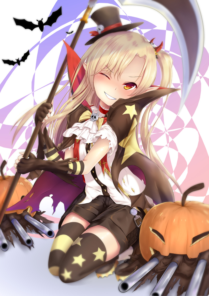 1girl absurdres alternate_costume asymmetrical_legwear azur_lane black_gloves black_legwear blonde_hair bow cape cleveland_(azur_lane) commentary_request cravat devil_fever_(azur_lane) fang gloves halloween halloween_costume haru_(hottikisu25) highres jack-o'-lantern long_hair looking_at_viewer one_eye_closed one_side_up open_mouth pointy_ears scythe short_shorts shorts smile solo