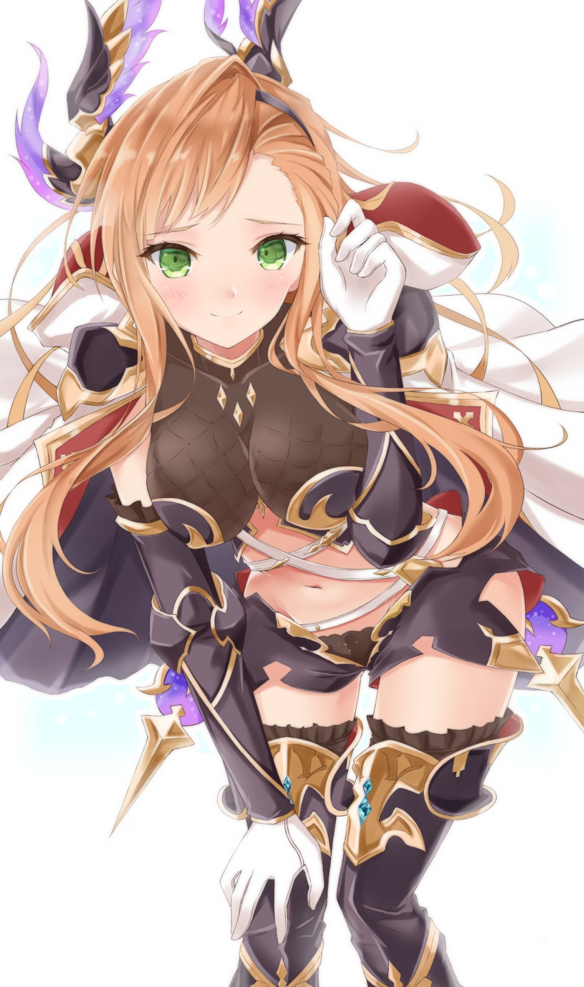 1girl asymmetrical_bangs bangs blonde_hair blush breasts breasts_apart cleavage detached_sleeves floating_hair gloves granblue_fantasy green_eyes hair_ornament hand_on_own_knee highres leaning_forward long_hair medium_breasts midriff navel simple_background smile solo song_(granblue_fantasy) standing stomach thigh-highs very_long_hair white_background white_gloves white_l