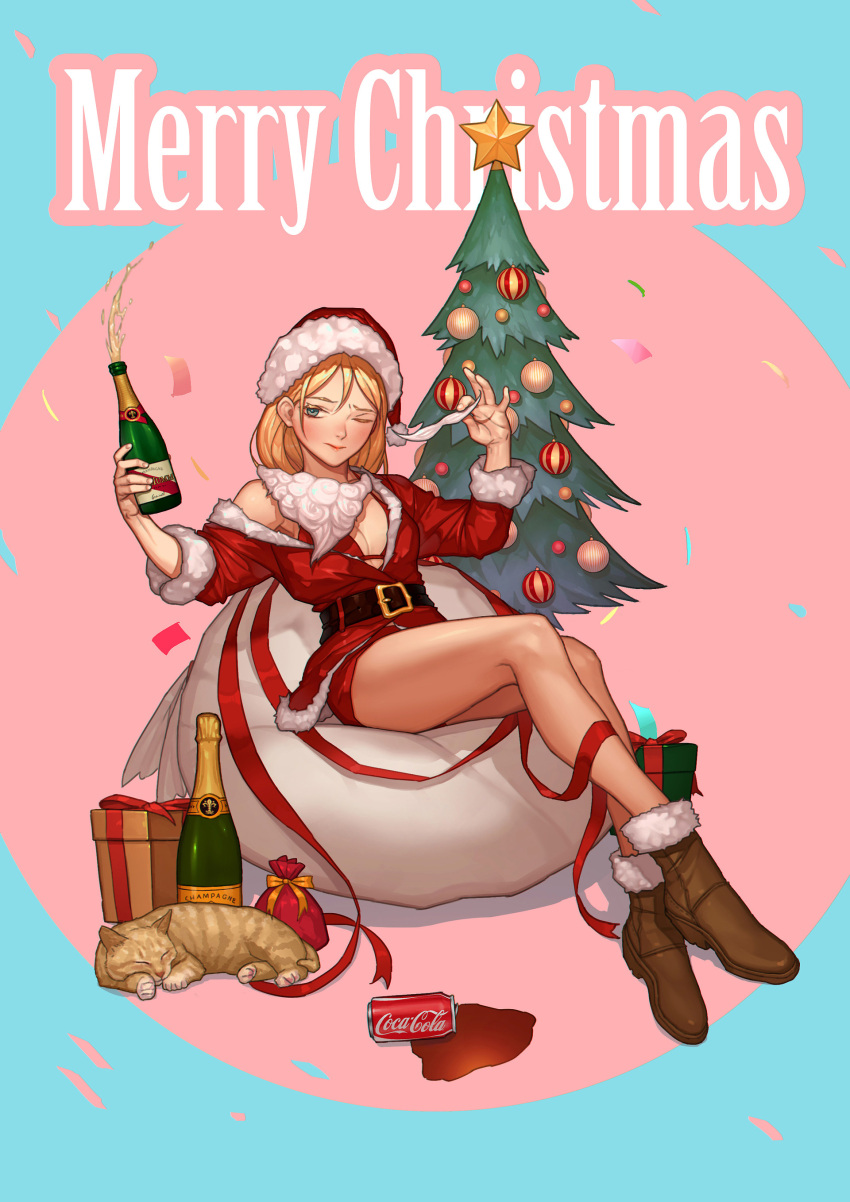 1girl absurdres alcohol black_belt blonde_hair blue_eyes bottle box brown_footwear buckle can cat champagne christmas christmas_ornaments christmas_tree coca-cola dress drunk fur-trimmed_boots fur-trimmed_hat fur-trimmed_sleeves fur_trim gift gift_box highres holding long_hair merry_christmas original product_placement red_dress sack santa_costume simple_background sitting sleeping_animal soda_can solo white_background youngjin_jeon