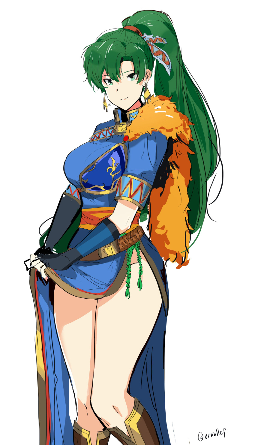 1girl absurdres armor blush breasts dotentity dress fire_emblem fire_emblem:_rekka_no_ken fire_emblem_heroes gloves green_eyes green_hair high_ponytail highres jewelry large_breasts long_hair looking_at_viewer lyndis_(fire_emblem) ponytail smile solo very_long_hair weapon