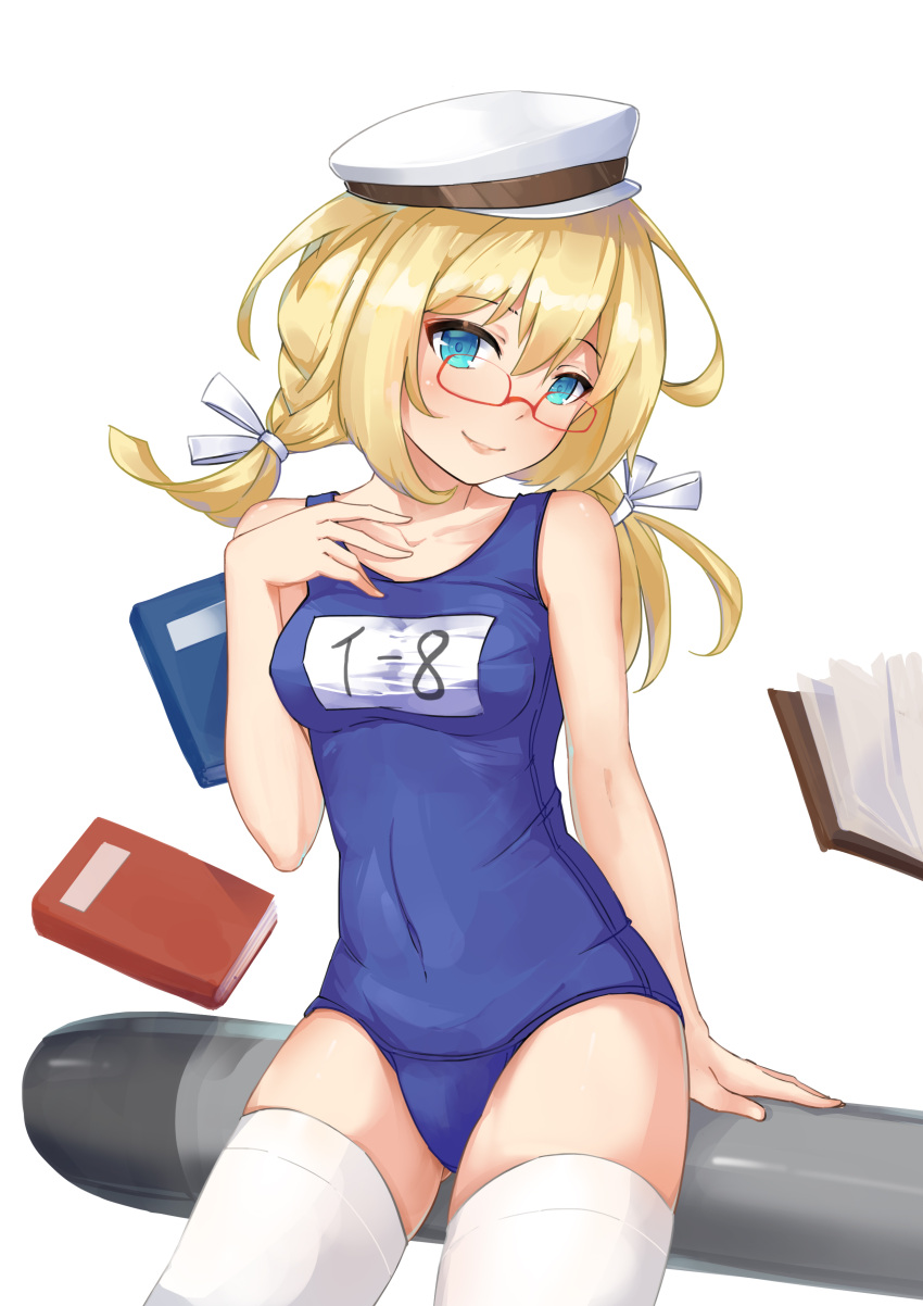 absurdres blonde_hair blue_eyes book glasses hand_on_own_chest hat highres i-8_(kantai_collection) kantai_collection looking_at_viewer low_twintails name_tag one-piece_swimsuit peaked_cap red-framed_eyewear sailor_hat school_swimsuit semi-rimless_eyewear swimsuit thigh-highs torpedo twintails under-rim_eyewear white_legwear